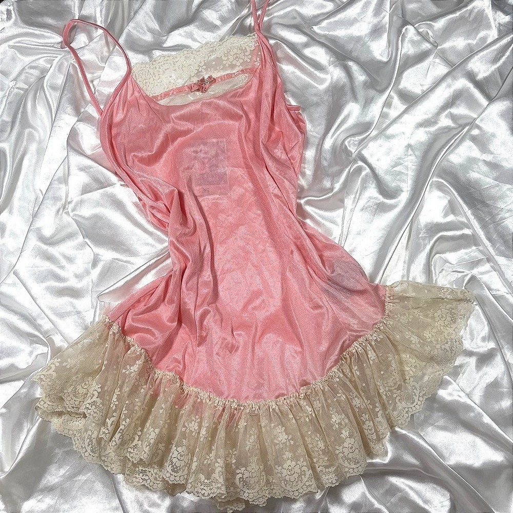 Vintage Coquette Slip Dress Pink Lace Trim Ruffle Hem Velrose Medium